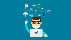 una persona con los diferentes programas que se usan en la web